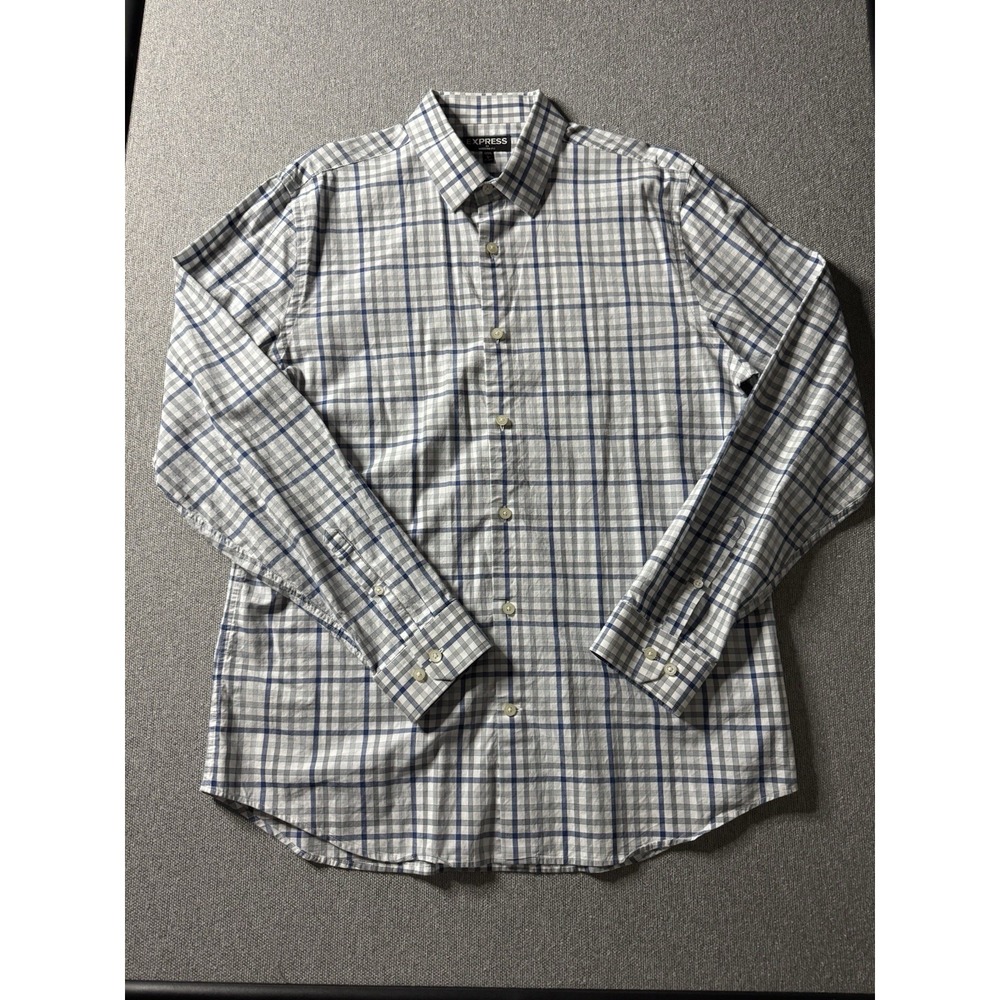 Express Men's Modern Fit Blue,Gray, Checked Long Sleeve Dress Shirt L 16-16.5
